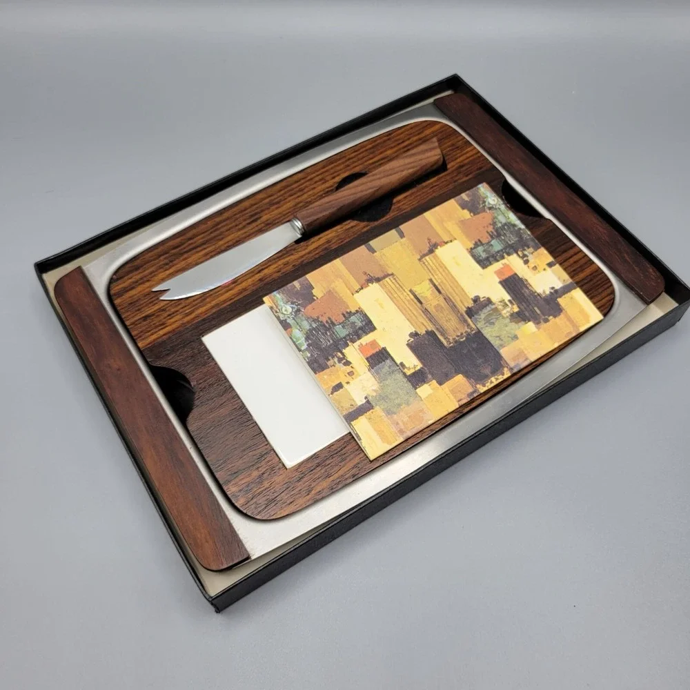 MCM Vintage Wood & Tile Removeable Cheeseboard w/ Tray & Knife in Box Japan